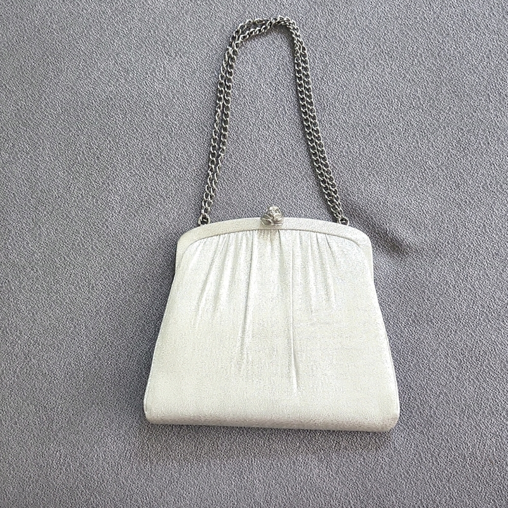 Vintage Silver Clutch w/ metal rose Clasp, Chain strap